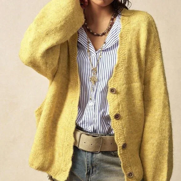 yellow Casual Women's Loose Drop Shoulder Button Front knit Cardigan - Picture 4 of 8